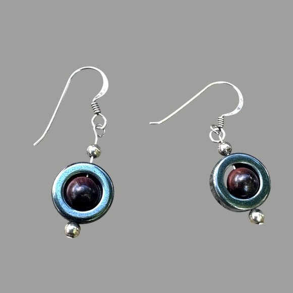 Vintage 925 Sterling Silver Dangle Earrings With Garnet Red Stones & Circular De - Picture 1 of 6